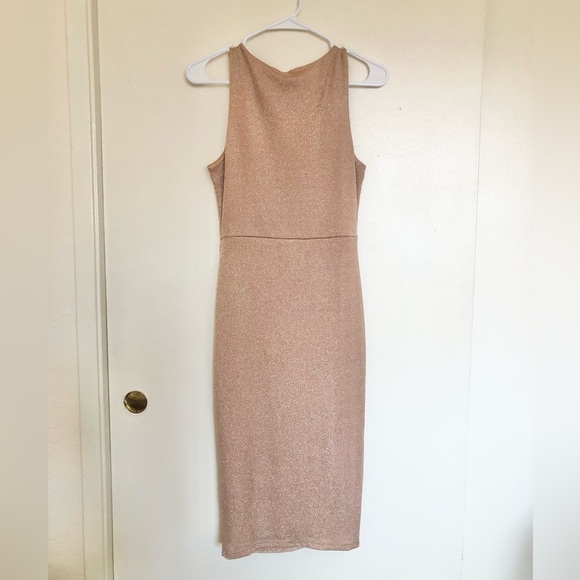 Forever 21 Gold Shimmer Ruched Side Slit Midi Dress NWOT - Picture 3 of 7